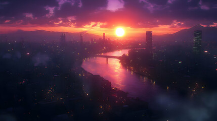 A panoramic view of a city at sunset with a river flowing through it 
