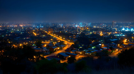 Obraz premium A panoramic view of a city at night, with street lights illuminating the houses and roads below. The city skyline is visible in the distance, with tall buildings lit up.