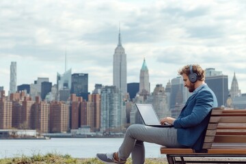 Fototapeta premium A man is sitting on a bench in a city park, working on his laptop. The city skyline in the background creates a sense of urban life and productivity. Concept of remote work