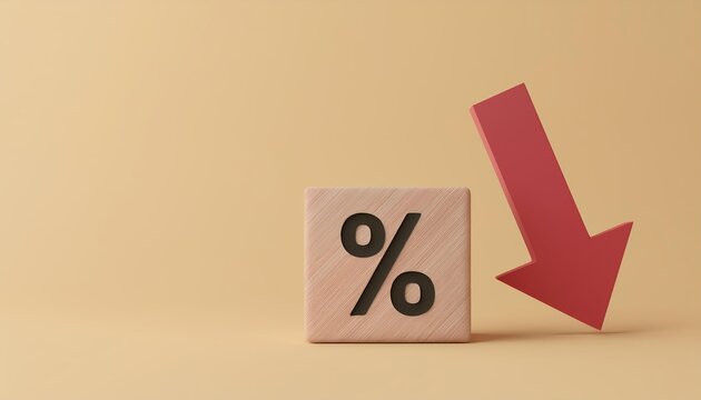 A wooden block with a percent symbol and a downward arrow, representing decline, loss, or reduced metrics in financial contexts.