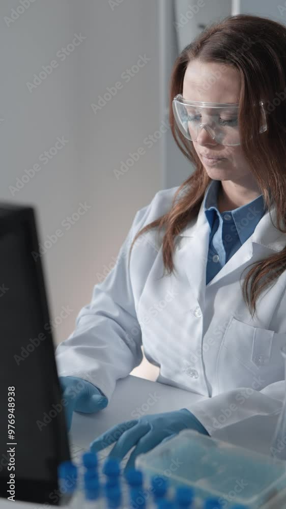 Poster Within a laboratory setting, a female scientist is engaged in research, analyzing data on her laptop, and donning protective gear in order to make progress in the fields of science and technology