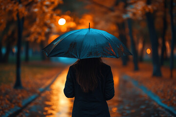 Dramatic quiet autumn scene, sad minded person contemplating rainy day, Generative AI