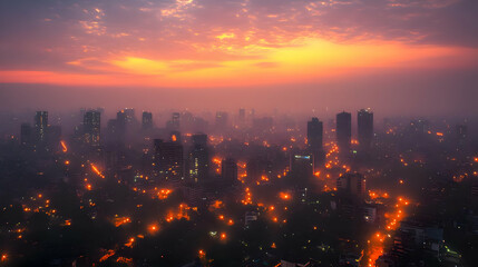 Obraz premium A panoramic view of a city skyline at dusk, with hazy skies and city lights.