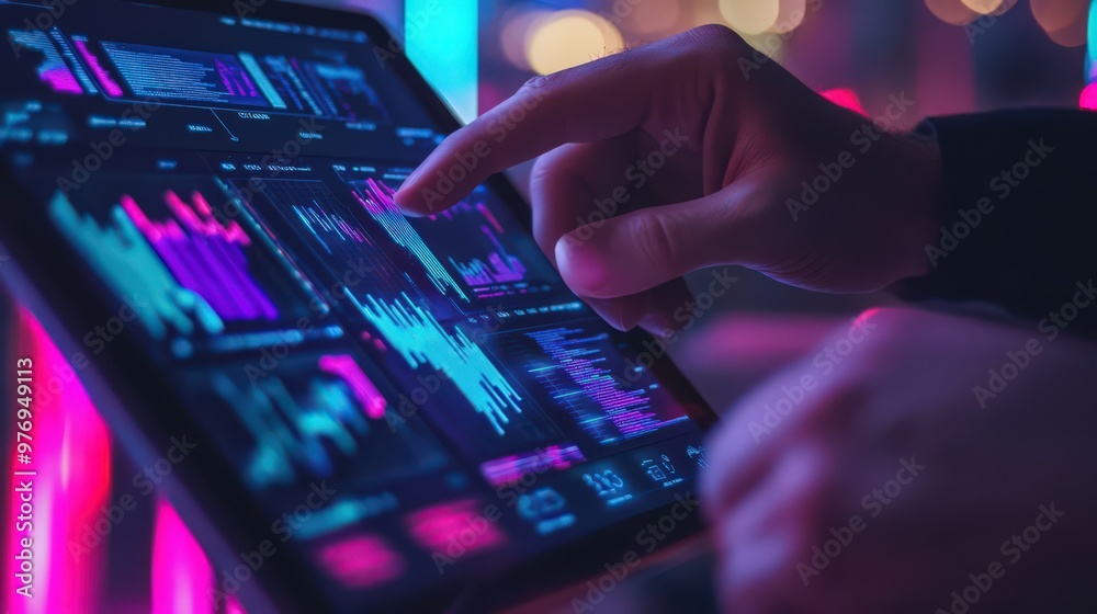 Poster a software engineer leverages digital technology and ai on a digital tablet to manage big data, opti