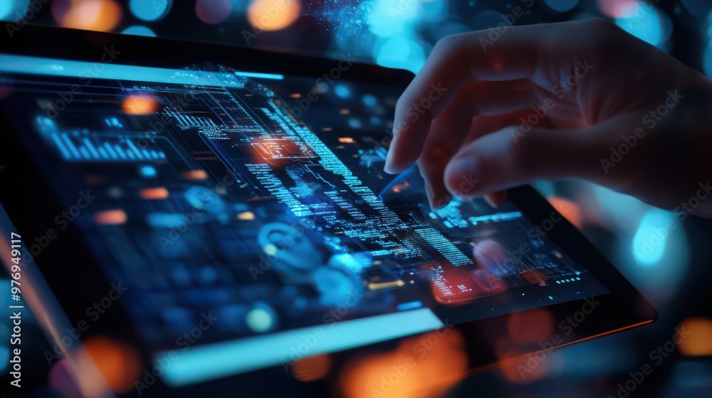 Poster a software engineer leverages digital technology and ai on a digital tablet to manage big data, opti