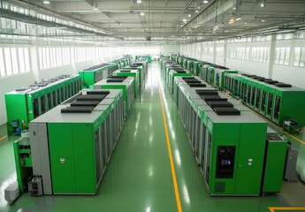 Fototapeta premium A large room with many green boxes and a lot of white space. The boxes are all green and are lined up in rows