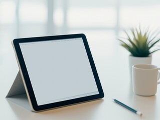 Fototapeta premium A clean and modern workspace featuring a tablet, a potted plant, a coffee mug, and a pen on a light surface.