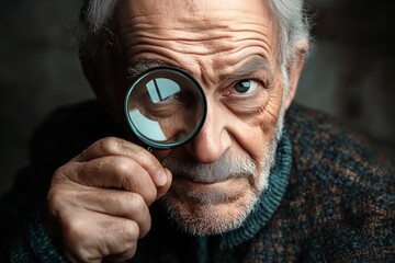 An old man looks through a magnifying glass
