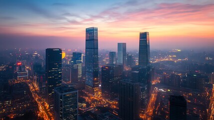 Obraz premium A panoramic view of a modern city skyline at dusk.