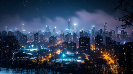 Fototapeta premium A panoramic view of a city skyline at night with a clear starry sky.