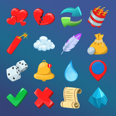 Game icons set. Vector illustration of different gaming symbols. Collection of colorful pictograms. Heart, dice, feather and cloud.