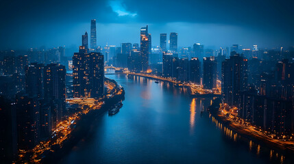Obraz premium A panoramic view of a city skyline at night with a river running through it. The cityscape is illuminated by streetlights and building lights, creating a beautiful and dynamic scene.