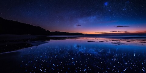 Enchanting bioluminescent waves illuminate a tranquil beach under a starry night sky glowing with vivid blue hues