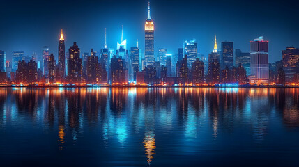 Fototapeta premium A panoramic view of a city skyline at night with tall buildings illuminated by lights reflected in the water.