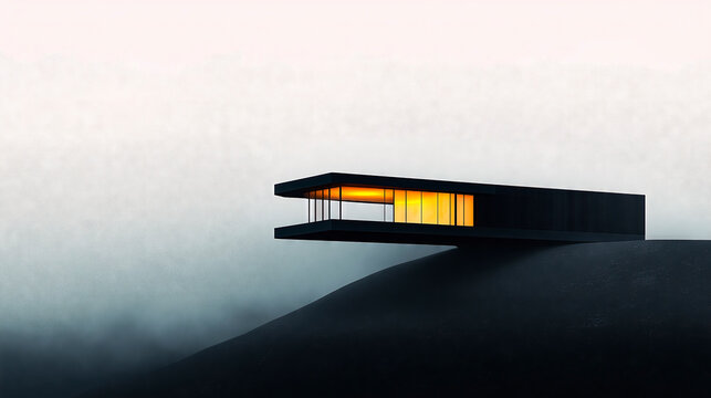 Modern minimalist black house hovering over misty hillside at twilight