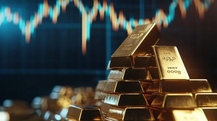 3D render of gold bars and a financial chart background.