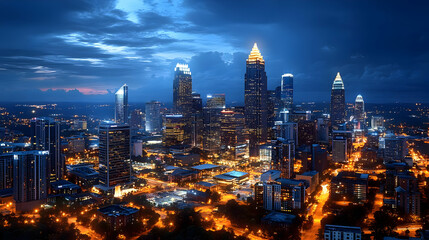 Obraz premium A panoramic view of a city skyline at night, illuminated by streetlights and building lights, with a dramatic sky above.