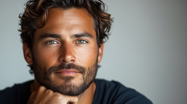 The Contemplative Gaze: A portrait of a handsome man with piercing blue eyes and a rugged beard, lost in thought.