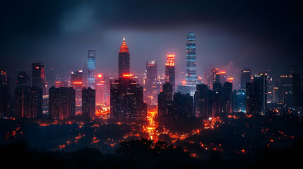 Obraz premium A panoramic view of a city skyline at night, with skyscrapers illuminated by bright lights. The buildings are silhouetted against the dark sky, and the city is lit up with a warm, inviting glow.