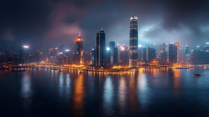 A panoramic view of a city skyline at night, with tall skyscrapers illuminated by bright lights and reflected in the water.