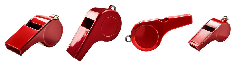 Set of red sports whistles perfect for coaching, events, or safety. Ideal for athletic activities and training environments.