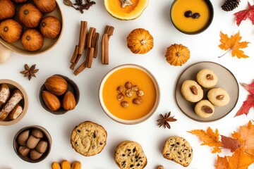 Fototapeta premium Cozy Autumn Foods Assortment - Top-Down View of Seasonal Treats, Desserts, and Spices Perfect for Fall Festivities