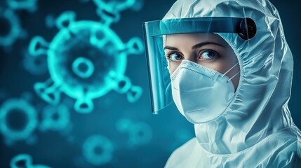 Healthcare Worker in Full Protective Gear Amid Virus Background