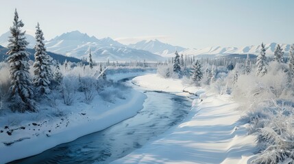 A stunning snowscape of a frozen river winding through a snowy landscape, flanked by snow-covered trees and distant mountain peaks under a clear winter sky