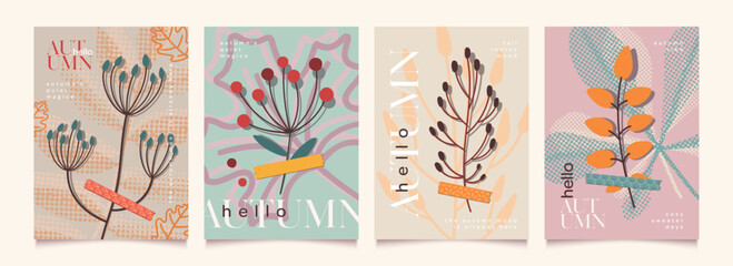 Abstract autumn posters set with collage design element. Fall leaves, plants, adhesive strips of scotch in simple flat style. Background template collection. Vector illustration.