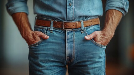 Classic Denim Style: A man's hands rest confidently in his pockets, showcasing a timeless look with a classic denim and leather belt combo.  The focus on details evokes a sense of rugged sophisticatio