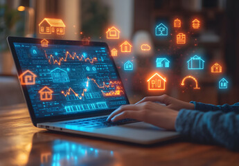 Fototapeta premium Laptop with glowing house icons