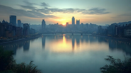 Fototapeta premium A panoramic view of a city skyline at sunrise, with a river reflecting the golden light.