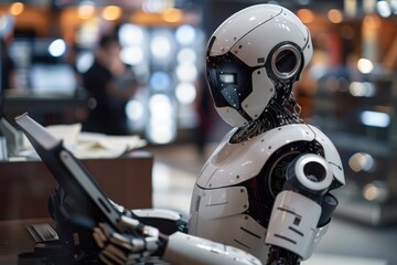 Fototapeta premium Futuristic AI Robot Operating High-Tech Touchscreen in Advanced Technology Lab