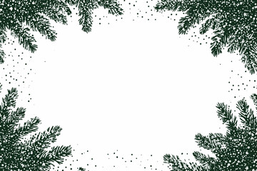 Watercolor Fir Tree Frame with Snow Falling on White Background. Christmas and New Year Card Template Design for Various Uses