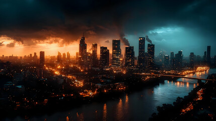 Fototapeta premium A panoramic view of a city skyline at sunset with dramatic clouds