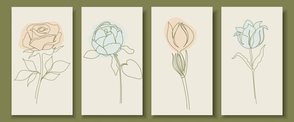 Four flowers drawn with a single line in pastel colours. Elements of flora in your design. Postcard, label, invitation in a minimalist style with plants.