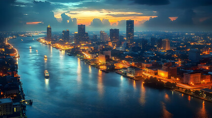 Fototapeta premium A panoramic view of a city skyline at sunset, with a river flowing through it.