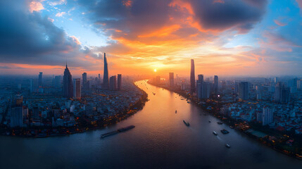 Naklejka premium A panoramic view of a city skyline at sunset, with a river flowing through the center. The sky is ablaze with vibrant colors, creating a beautiful and dramatic backdrop for the city.