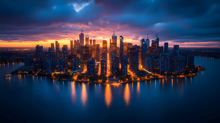 Fototapeta premium A panoramic view of a city skyline at sunset, with the buildings lit up and reflecting in the water.