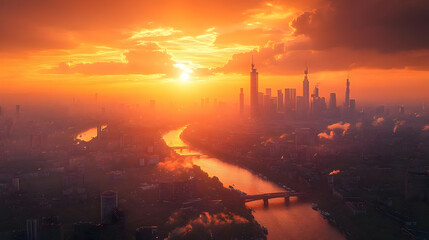 A panoramic view of a city skyline at sunset, with the sun setting behind the skyscrapers