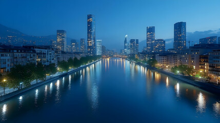 Fototapeta premium A panoramic view of a city skyline at twilight, with a river flowing through the center and modern skyscrapers illuminated against the blue sky.