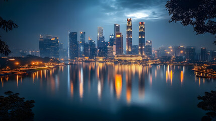 Fototapeta premium A panoramic view of a city skyline at twilight, with the cityscape reflected in the water.