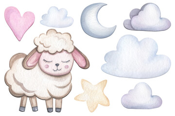 Watercolor set with cartoon cute sheep, clouds, star and heart. Pastel watercolor delicate drawing isolated on white background.For the design of children's posters