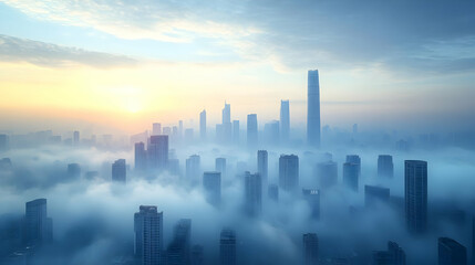 A panoramic view of a city skyline emerging from a sea of fog at sunrise.