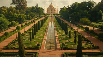 A sweeping view of the Taj Mahal gardens, with pathways leading up to the grand mausoleum and the lush greenery creating a picturesque and harmonious setting.