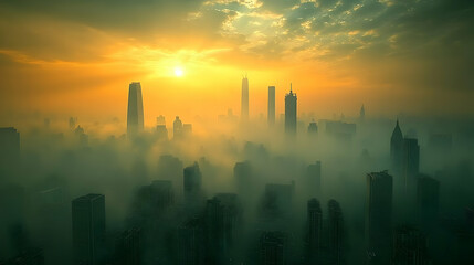 A panoramic view of a city skyline shrouded in fog and mist at sunrise, with the sun peeking through the clouds.