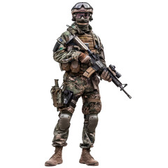Obraz premium Modern infantry soldier wearing camouflage uniform, tactical vest and ballistic helmet, holding assault rifle on white background