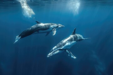 Naklejka premium Underwater View of Dolphins Swimming in the Deep Blue Ocean