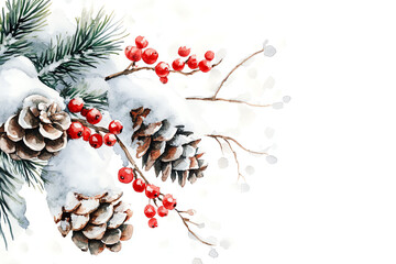 Design a delicate watercolor artwork capturing the essence of Christmas in nature, featuring soft textures and serene elements like snow, pine cones, and holly berries