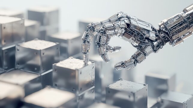 Precision Robotic Hand Stacking Steel Cubes in Industrial Setting, Generative AI